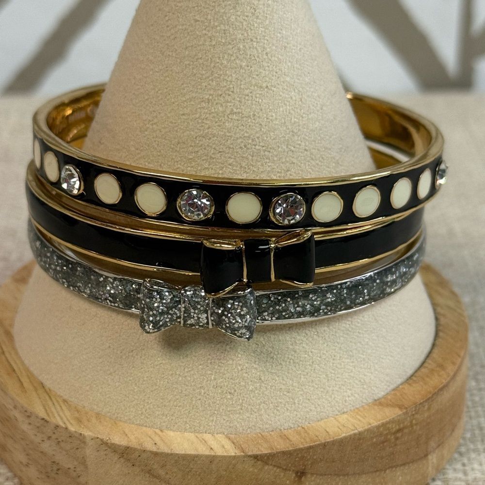 Kate Spade Black Gold Silver Glitter Bangle Bracelets Set of 3
